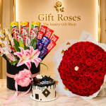Premium Red Rose Bouquet with Chocolate & Cake Combo